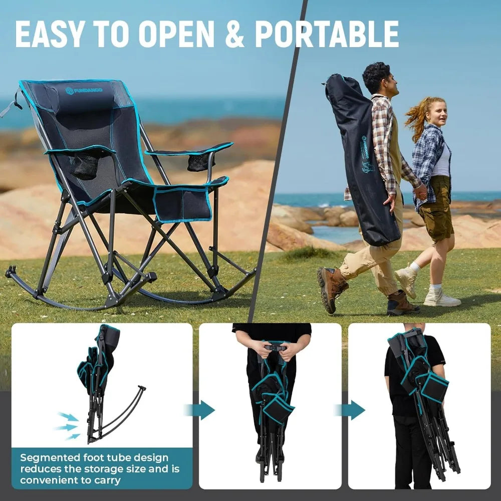 Rocking Camping Chair, High Mesh Back Portable Folding Camp Chairs with Pillows, Cup Holder and Carry Bag for Lawn Patio Garden