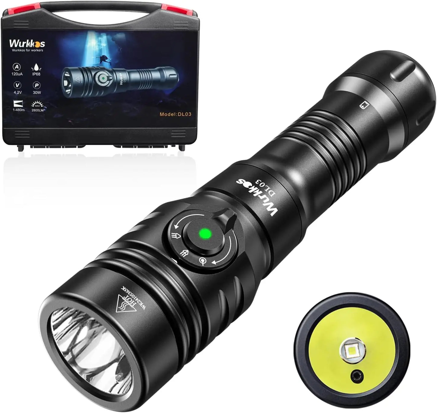 Wurkkos DL03 Professional Diving Flashlight 2800LM Dive Light Rechargeable IP68 Underwater Lantern with Green Beam 21700 Battery