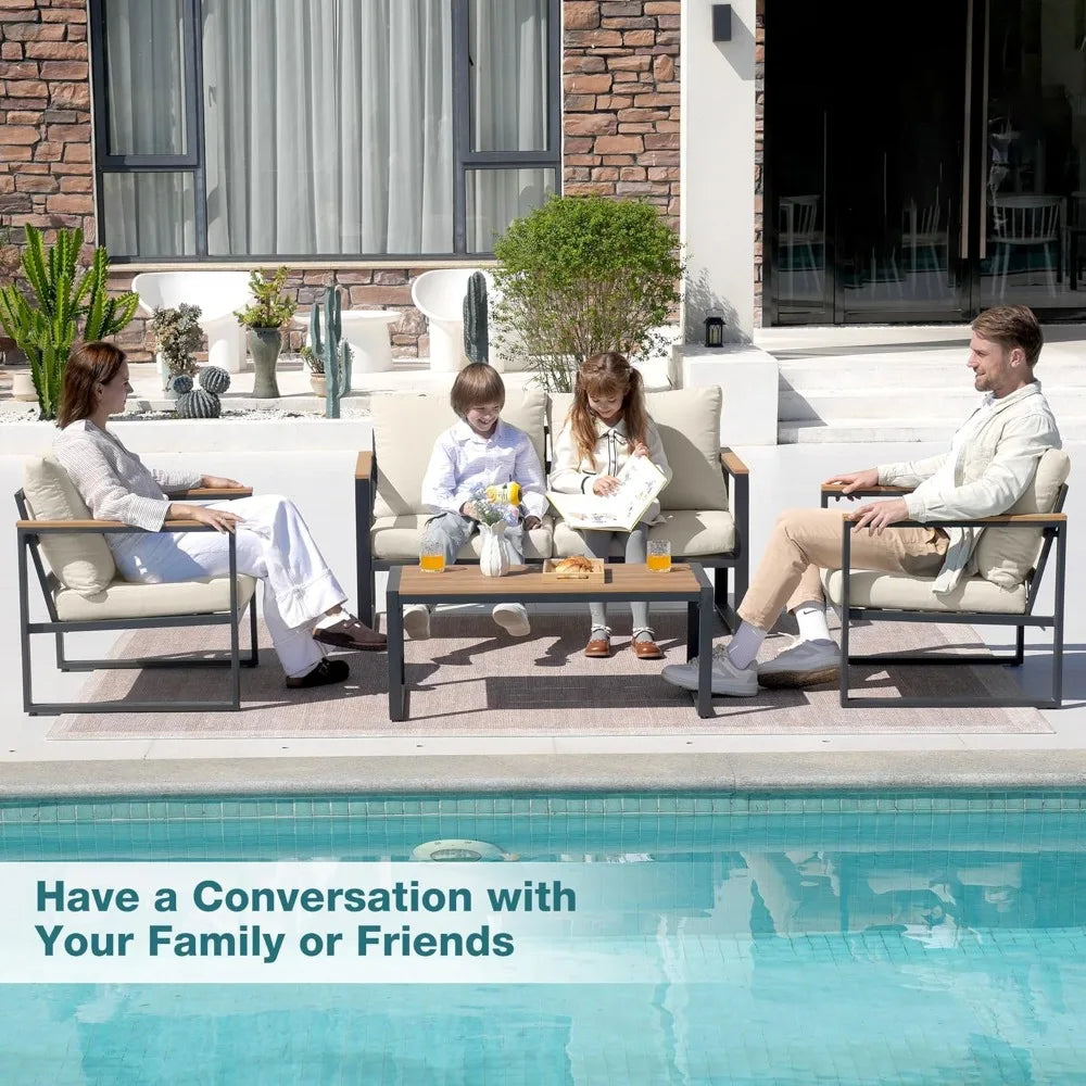 Patio Furniture Set, 4 Pieces Outdoor Patio Furniture with Coffee Table Set, Metal Patio Conversation Sets with Washable and Hig