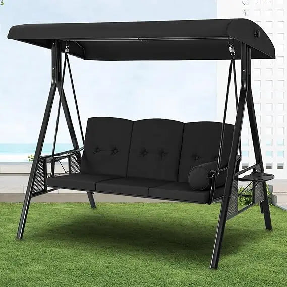 U-MAX Porch Swing Chair with Adjustable Backrest&Canopy, 3 Seat Patio Swing with Canopy 2-in-1 Convertible Outdoor Swing with Ca