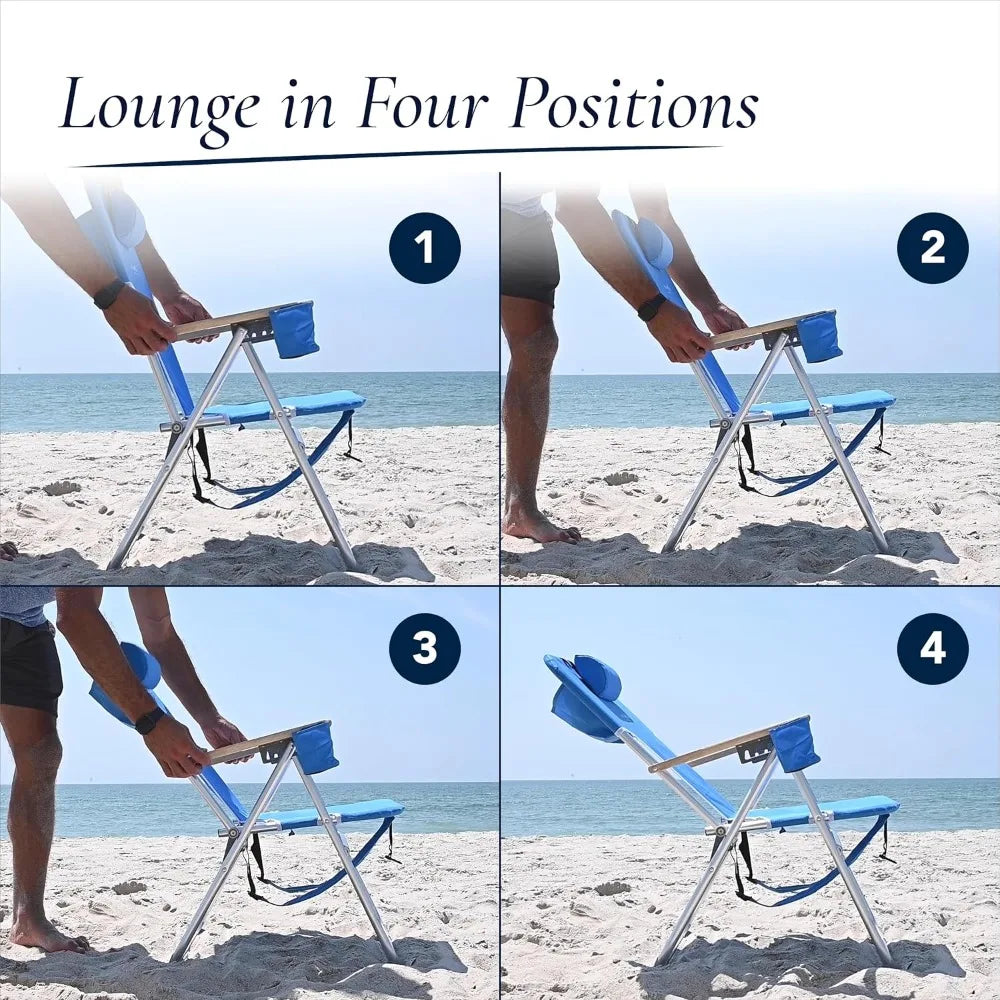 Portable Folding Beach Chair with Adjustable Positions, Backpack Design, Headrest, Cup Holder, and Wooden Arms for Camping and O