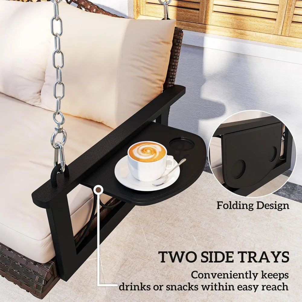 3 Person Wicker Porch Swing Chair Heavy Duty 800 LBS with Cup Holder, 57 Inch Outdoor Rattan Patio Hanging Swing Bench