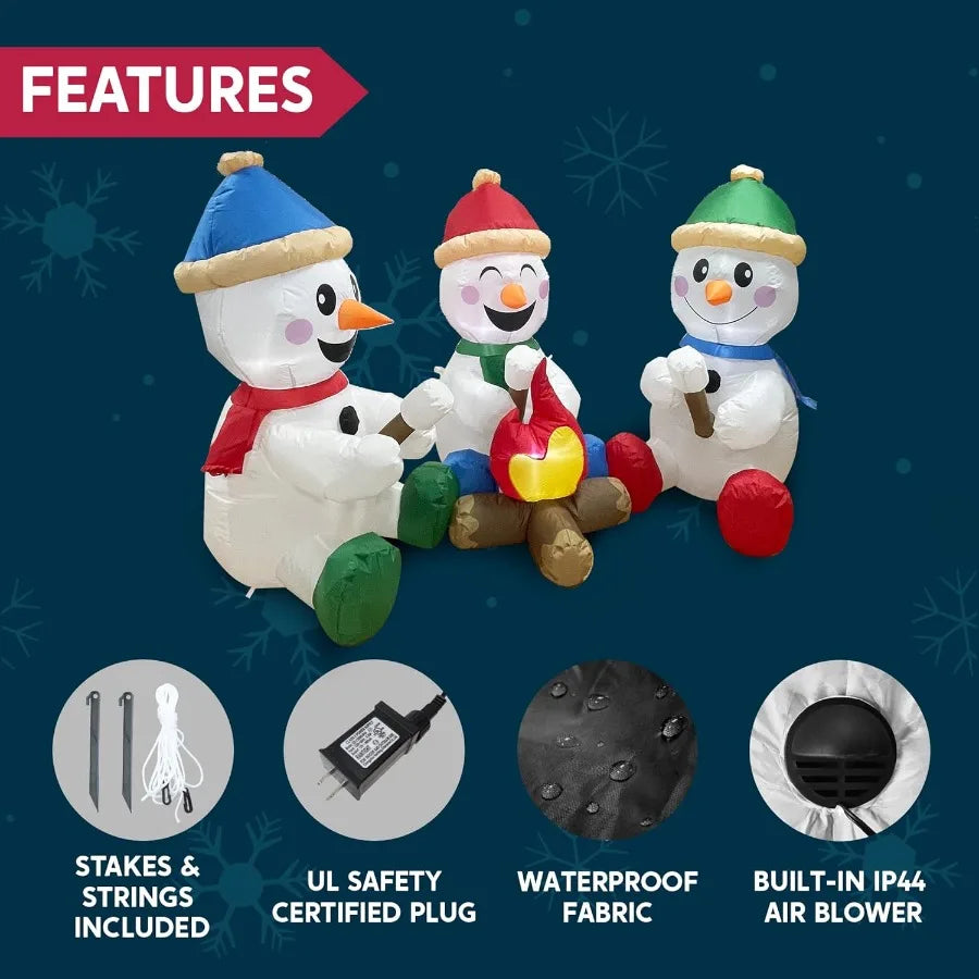 6 FT Long Christmas Inflatable Snowman with Campfire 3 Pack Small Snowman with Builtin LEDs Christmas Blow Up Yard Decoration w