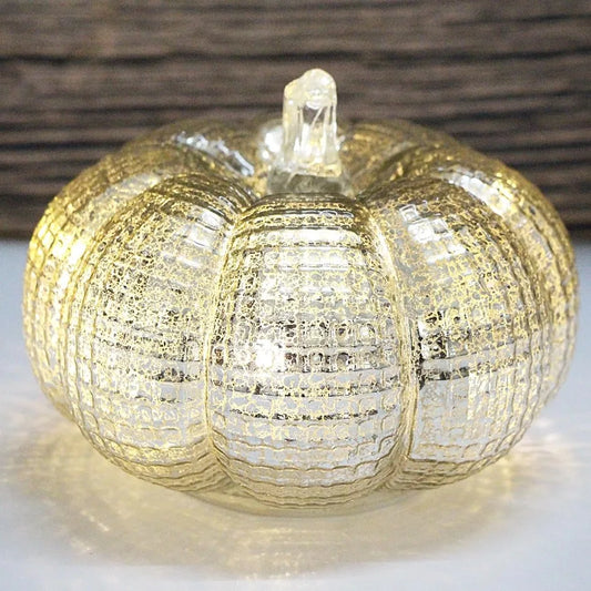 Rustic Halloween and Thanksgiving Decor: Silver GridPatterned Mercury Glass Pumpkin Lights with Timer Battery Operated LED Ligh