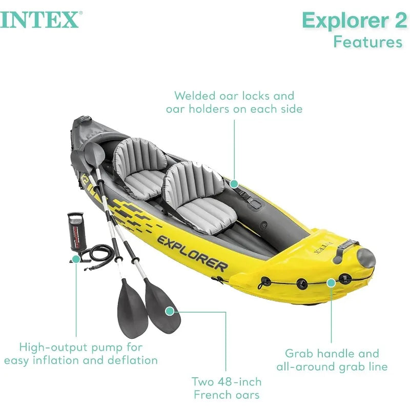 Intex 68307EP Explorer K2 Inflatable Kayak Set: Deluxe 86in Kayak Paddles and High-Output Pump, Removable Skeg, 2-Person– 2 Pack