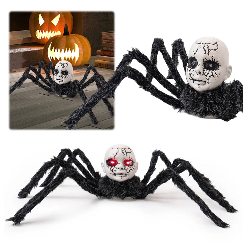 Halloween Doll Face Spider Ornament with Red Eyes Halloween Horror Face Spider for Indoor Outdoor Yard Haunted House Party Porch