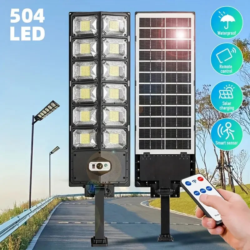 1Pc Ip65 Waterproof Solar Street Light Outdoor 6500K 100000Lm High Brightness 504 Led Solar Parking Lot Light, with Foldable Bracket Solar Flood Light (Wide Angle Motion Sensor Remote Control), for Commercial Area Lighting, C