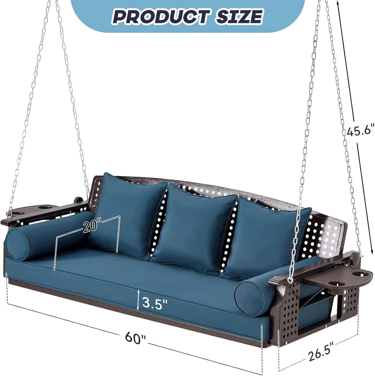 3 Seat Porch Swing, Patio Swing Bench with Cup Holders & 3 Back Cushions, Swing Chair with Chains for Deck Garden Backyard