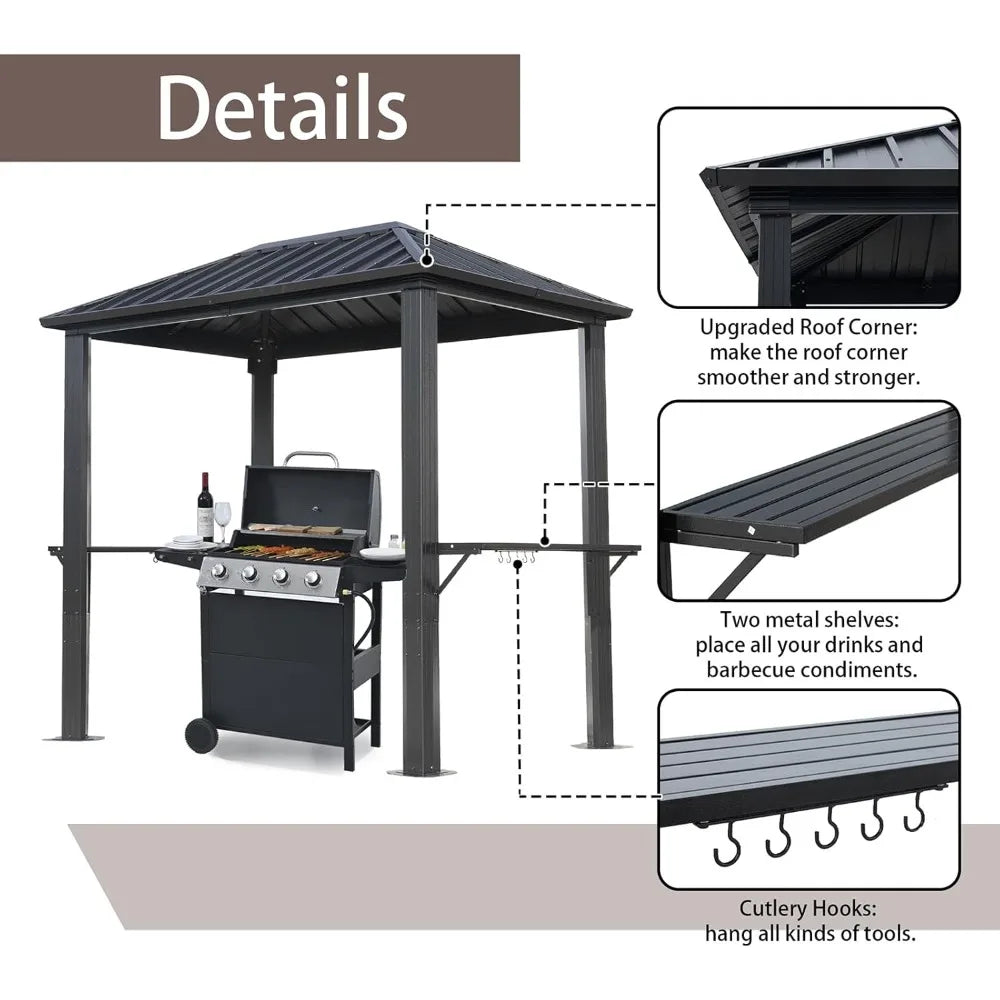 8'x5' Outdoor Hardtop BBQ Gazebo, Single Roof Design with Aluminum Structure and Galvanized Steel Roof, Great for Patio and Bac