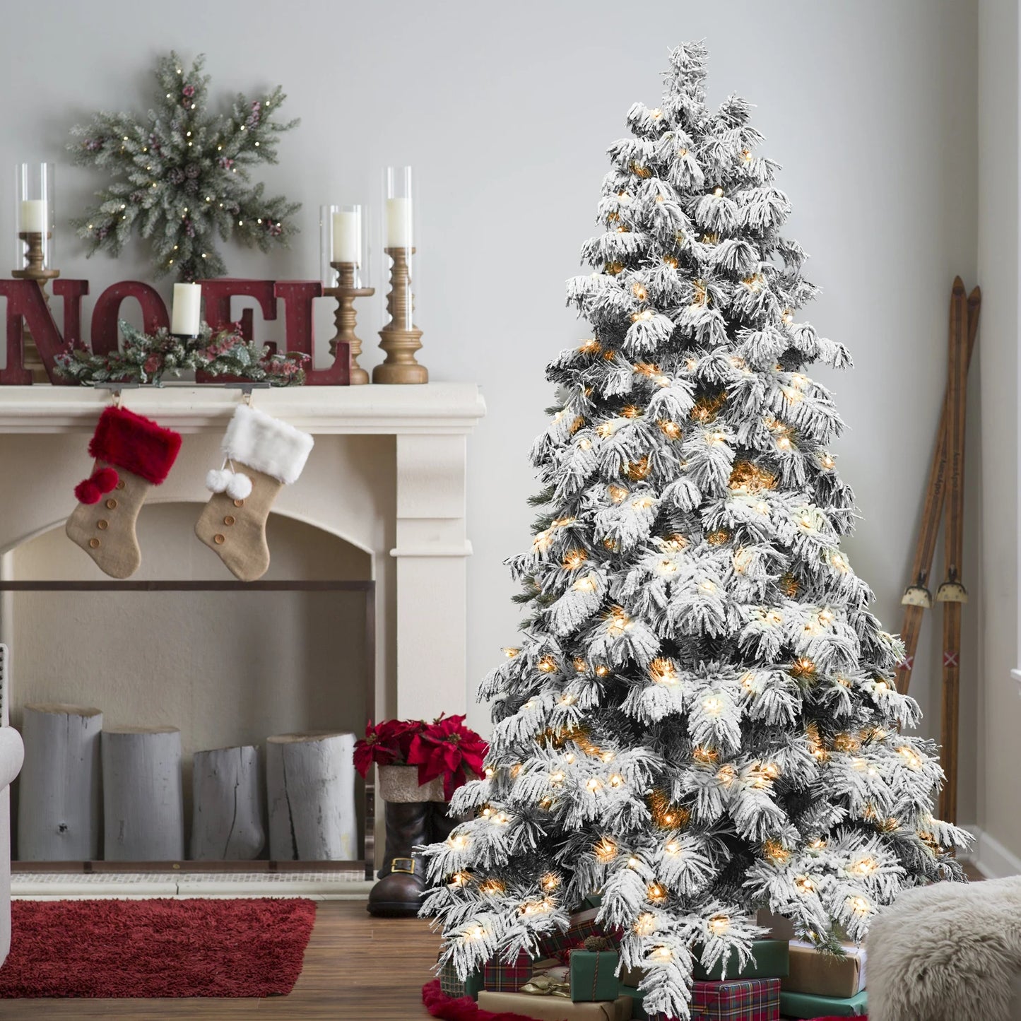 Makeatree Artificial Christmas Tree PVC Snow Flocked Fake Christmas Tree With Lights