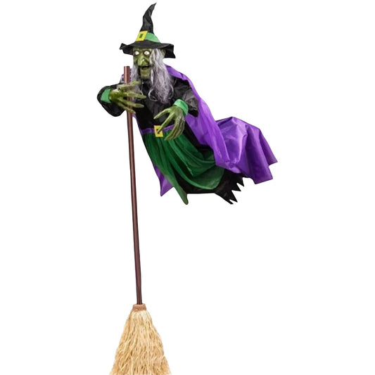 Halloween Flying Witch on Broom Decor with Luminous Eyes Animatronic Flying Witch Outdoor Hovering Witch for Garden Yard Lawn