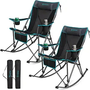 Rocking Camping Chair, High Mesh Back Portable Folding Camp Chairs with Pillows, Cup Holder and Carry Bag for Lawn Patio Garden