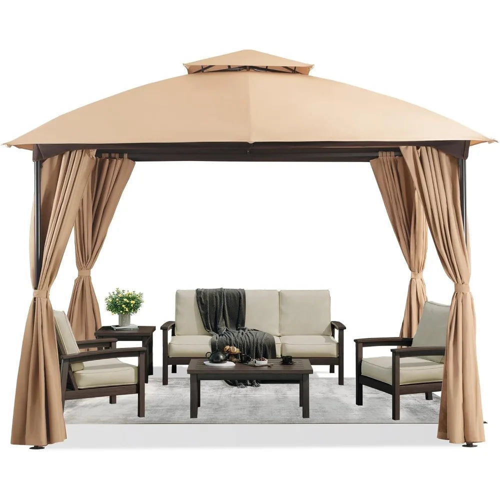 Patio Arc Gazebo Outdoor Canopy Tent 10'x10', Party Tent Shelter with Curtains & Expansion Bolts and Wind-Resistant Ropes for P