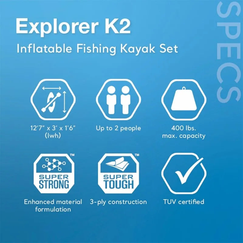 68309EP Excursion Pro K2 Inflatable Kayak Set: Includes Deluxe 86in Kayak Paddles and High-Output Pump – SuperTough PVC –