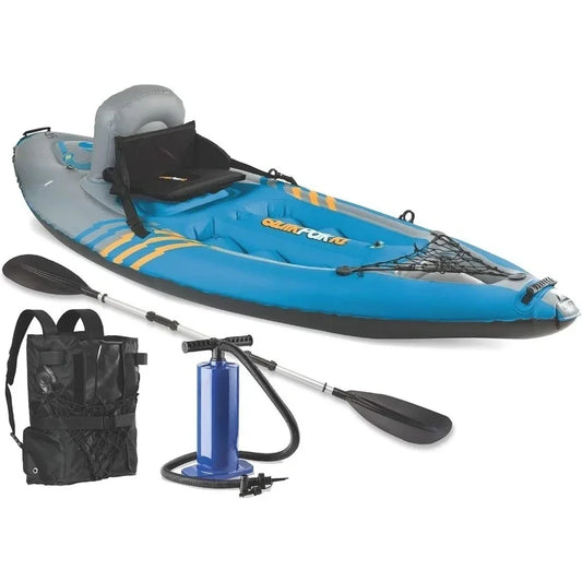 outdoors-Tool QuickPak K1 1-Person Inflatable Kayak, Kayak Folds into Backpack with 5-Minute Setup,21 Gauge PVC Construction,Blu
