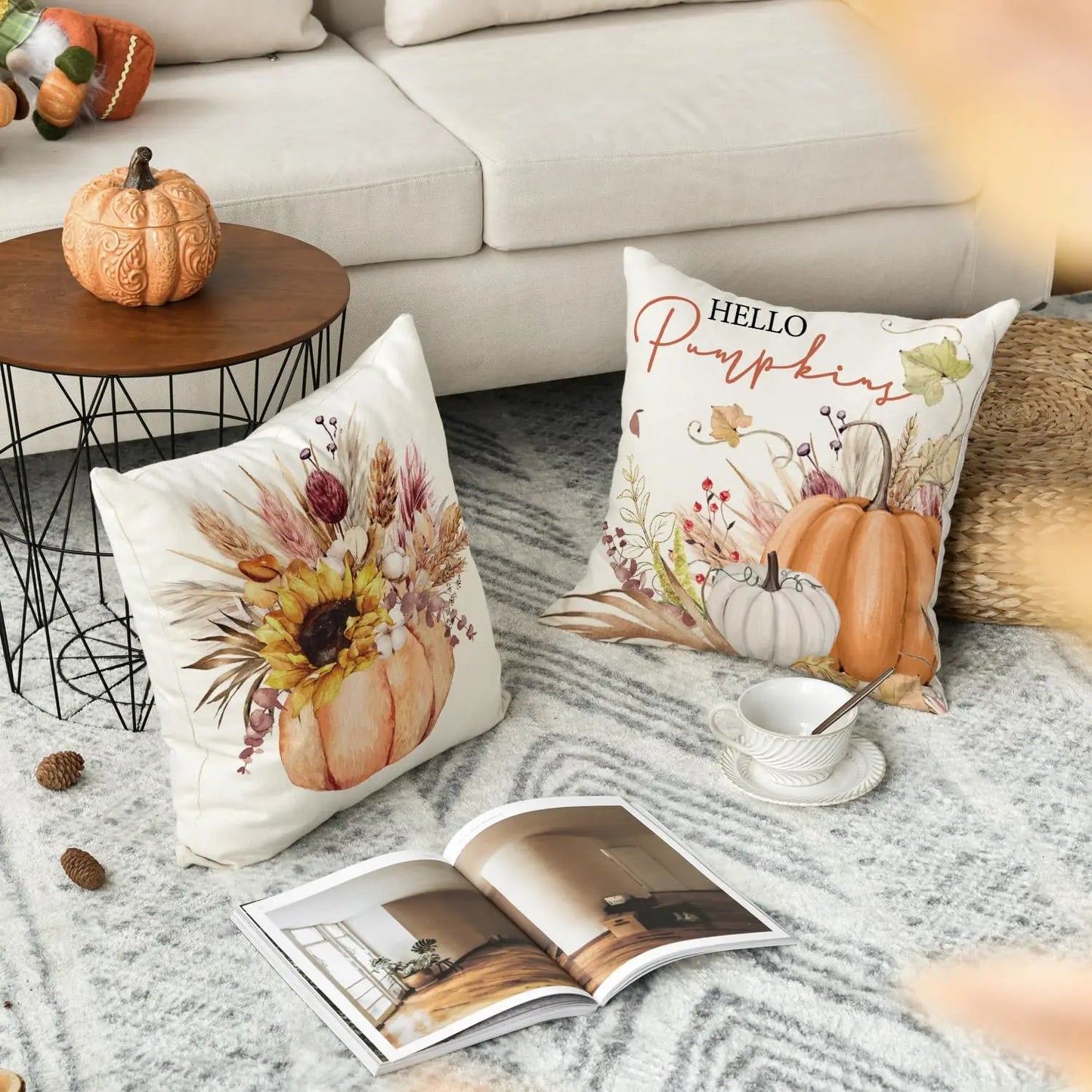 colorlife Fall Pumpkin Wheat Cotton Jar Autumn Thanksgiving Throw Pillow Covers, 18 x 18 Inch Seasonal Cushion Case for Sofa Cou