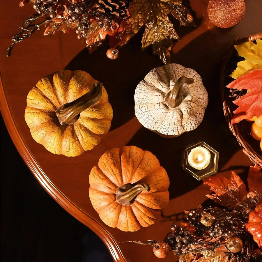 3pcs Resin Cracked Pumpkin Figurine Set for Fall Decoration 6.7 inch Autumn Harvest Thanksgiving Halloween Party Tabletop Cente