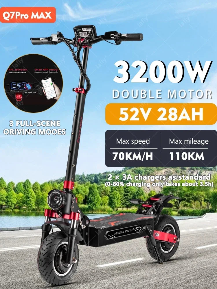 BOYUEDA Q7Pro Max E-Scooter 3200W Dual Motor 52V28AH Battery NFC Activated App Control Escooter Silent Tires Electric Scooter