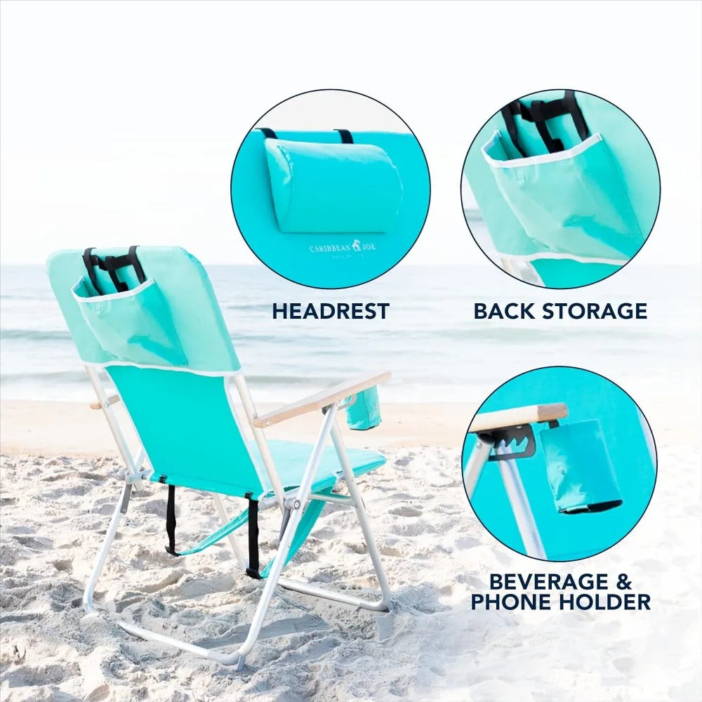 Portable Folding Beach Chair with Adjustable Positions, Backpack Design, Headrest, Cup Holder, and Wooden Arms for Camping and O