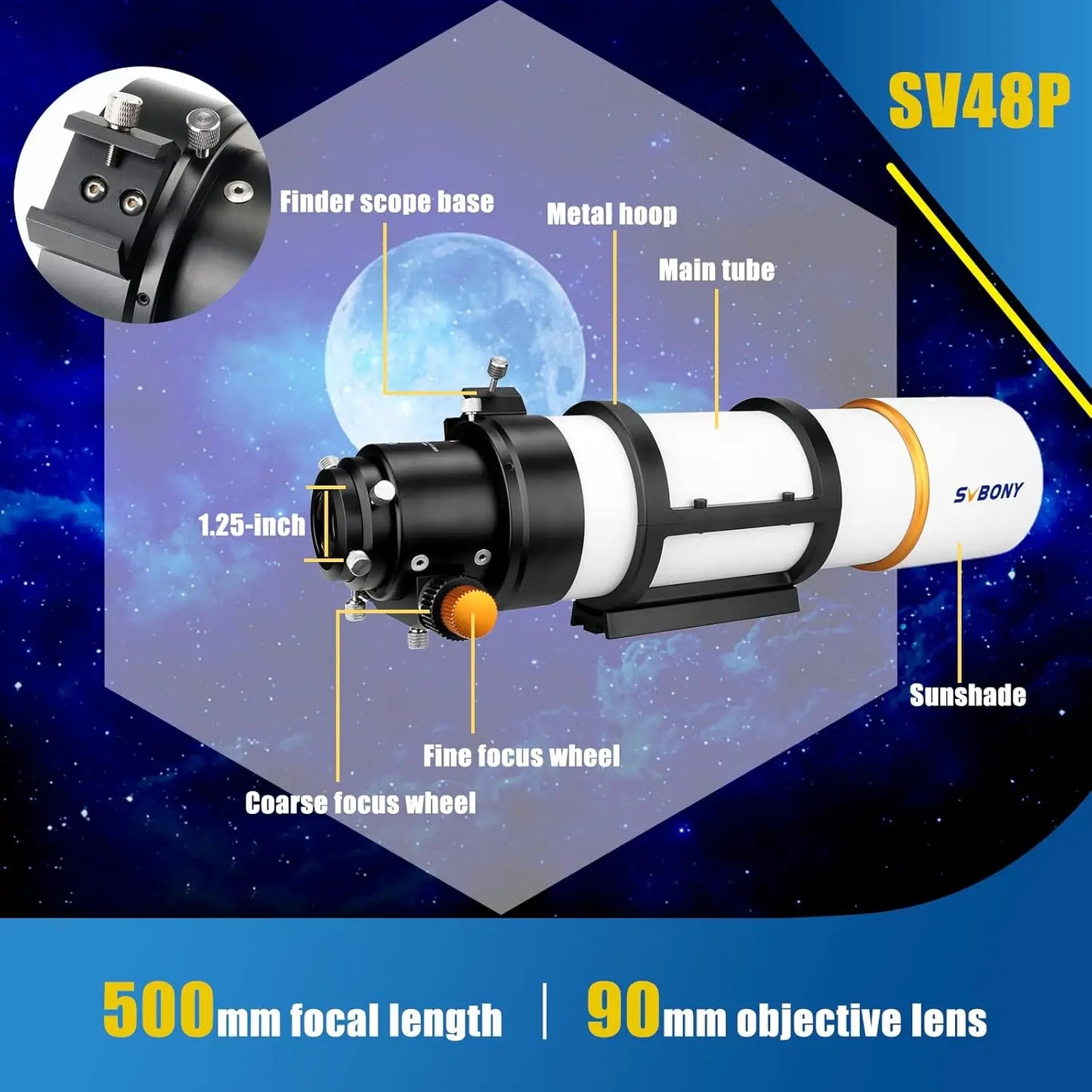 Svbony SV48P 90mm Aperture OTA Astronomical Telescope Dual Speed Focuser, F5.5 Refractor for Deep Sky Astrophotography