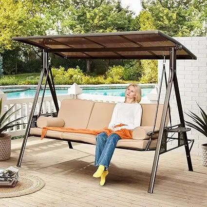 Oversized Outdoor Porch Swing with Hardtop, 3 Seat Patio Swing with 2 Side Cup Holder, 3-in-1 Convertible Backrest Swing Bed wi