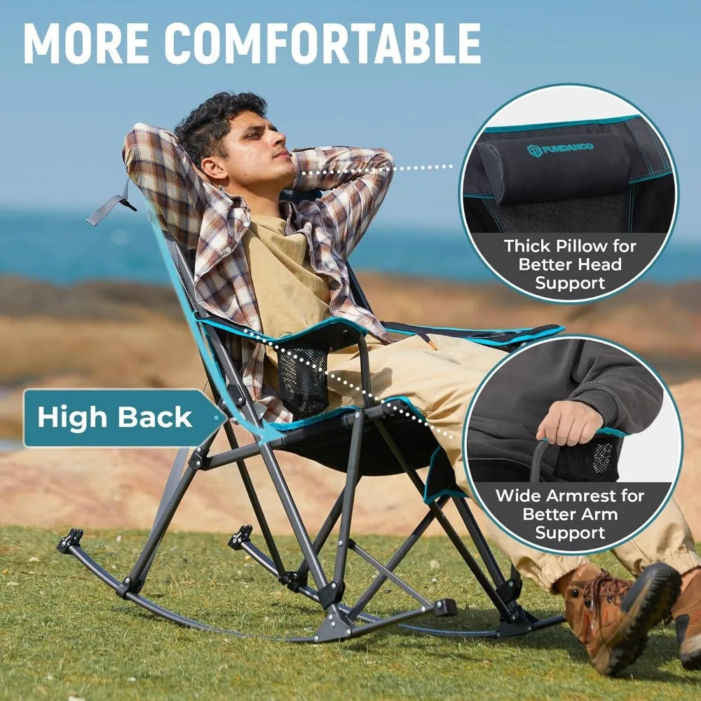 Rocking Camping Chair, High Mesh Back Portable Folding Camp Chairs with Pillows, Cup Holder and Carry Bag for Lawn Patio Garden