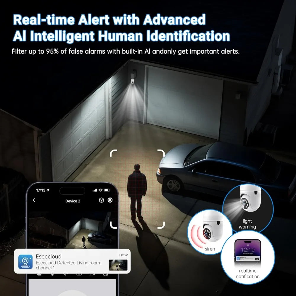 Light bulb security camera 2 packs, 5g&2.4ghz 2k security cameras wireless outdoor 360° ptz cameras for home security with color