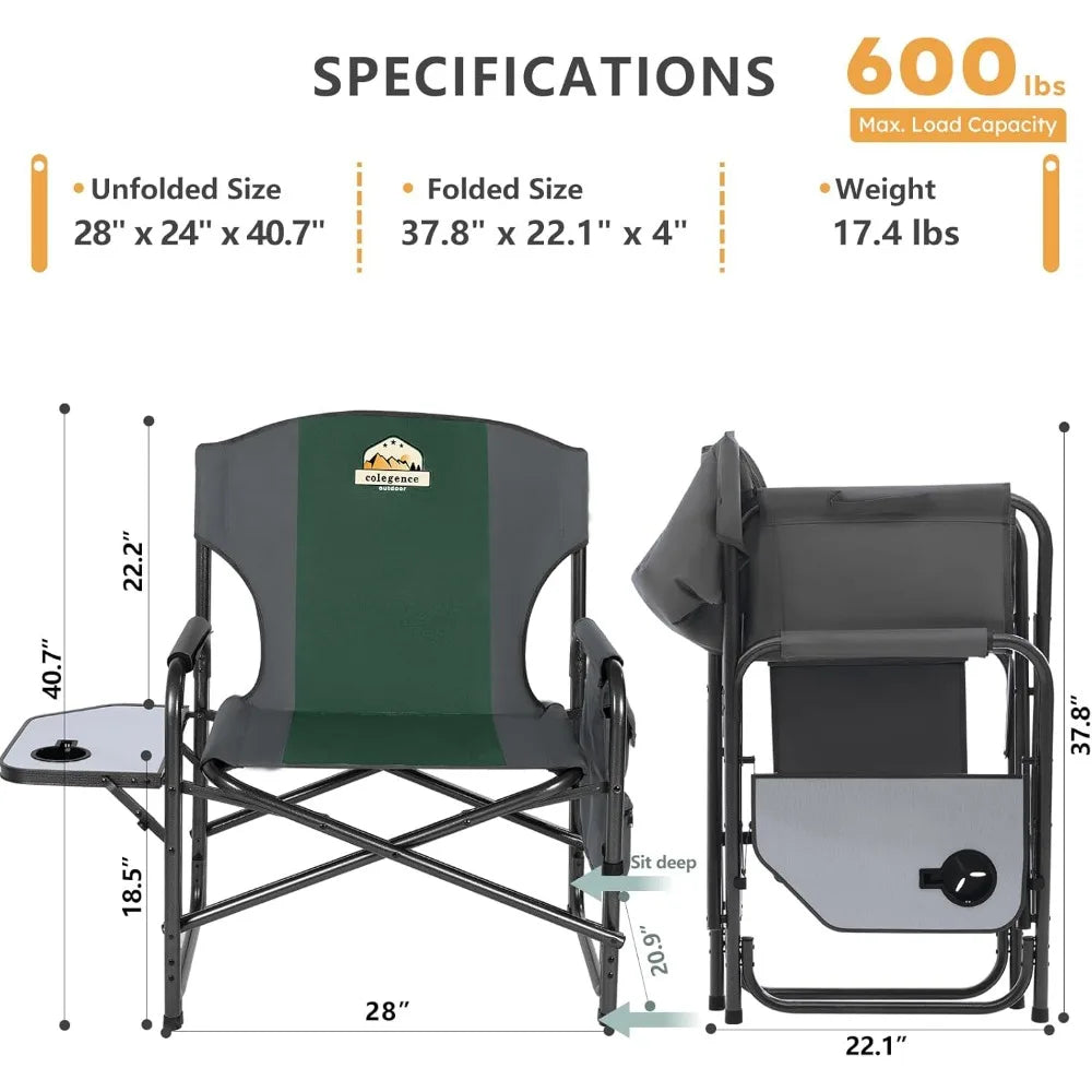 Pair of Heavy-Duty Oversized Directors Folding Chairs Supporting 600 LBS, Outdoor Chairs with Detachable Pocket