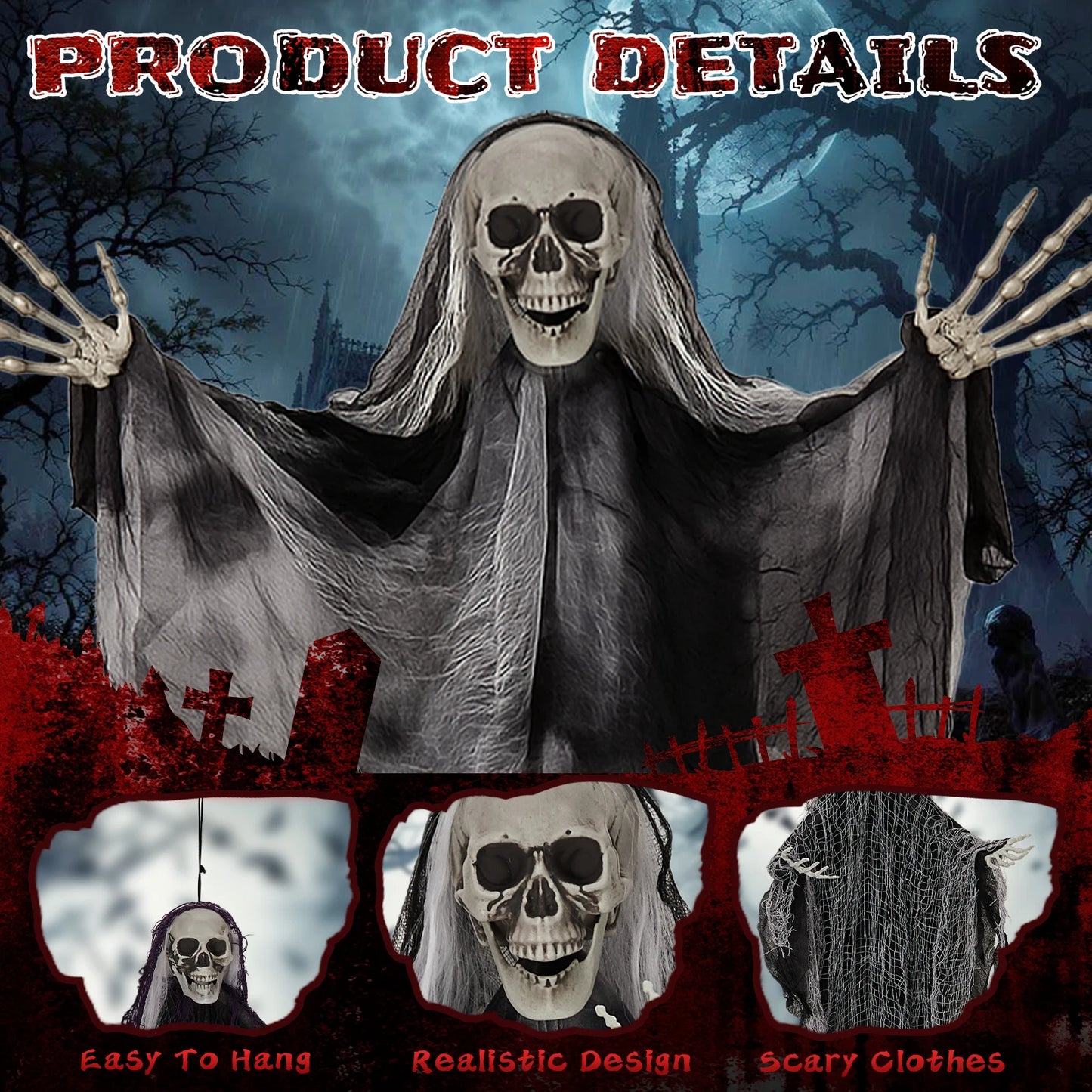 3 Pack Hanging Halloween Skeleton Ghosts Decorations, Grim Reapers for Best Halloween Outdoor Decorations