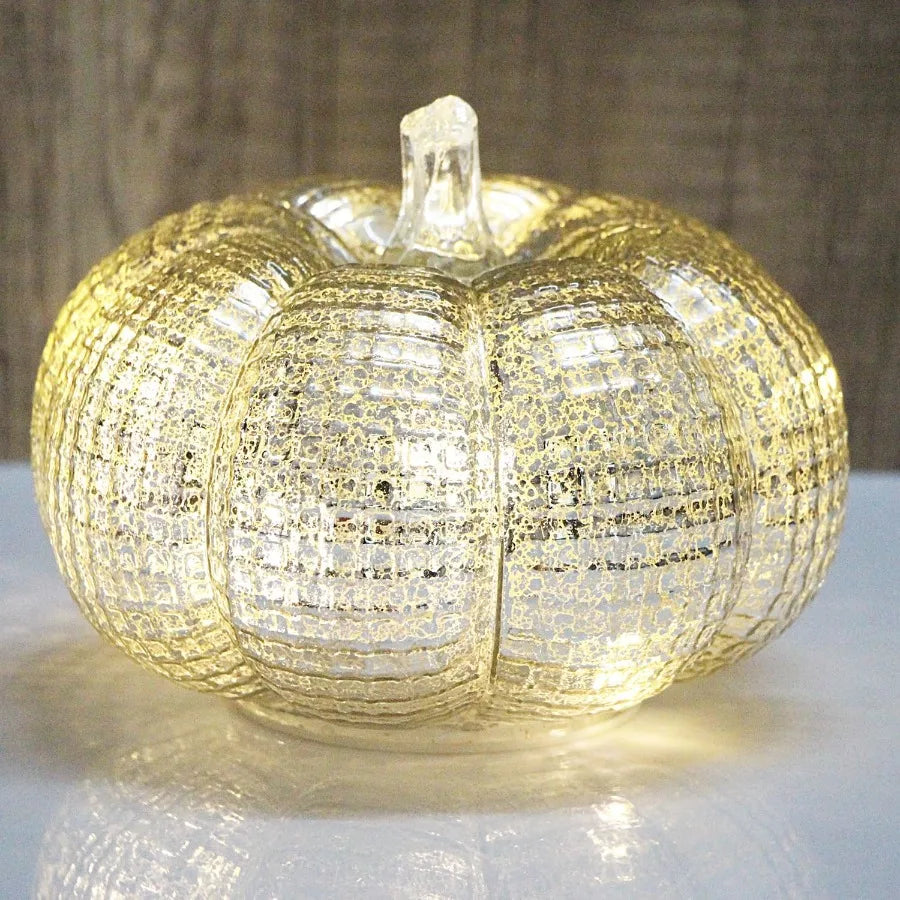 Rustic Halloween and Thanksgiving Decor: Silver GridPatterned Mercury Glass Pumpkin Lights with Timer Battery Operated LED Ligh