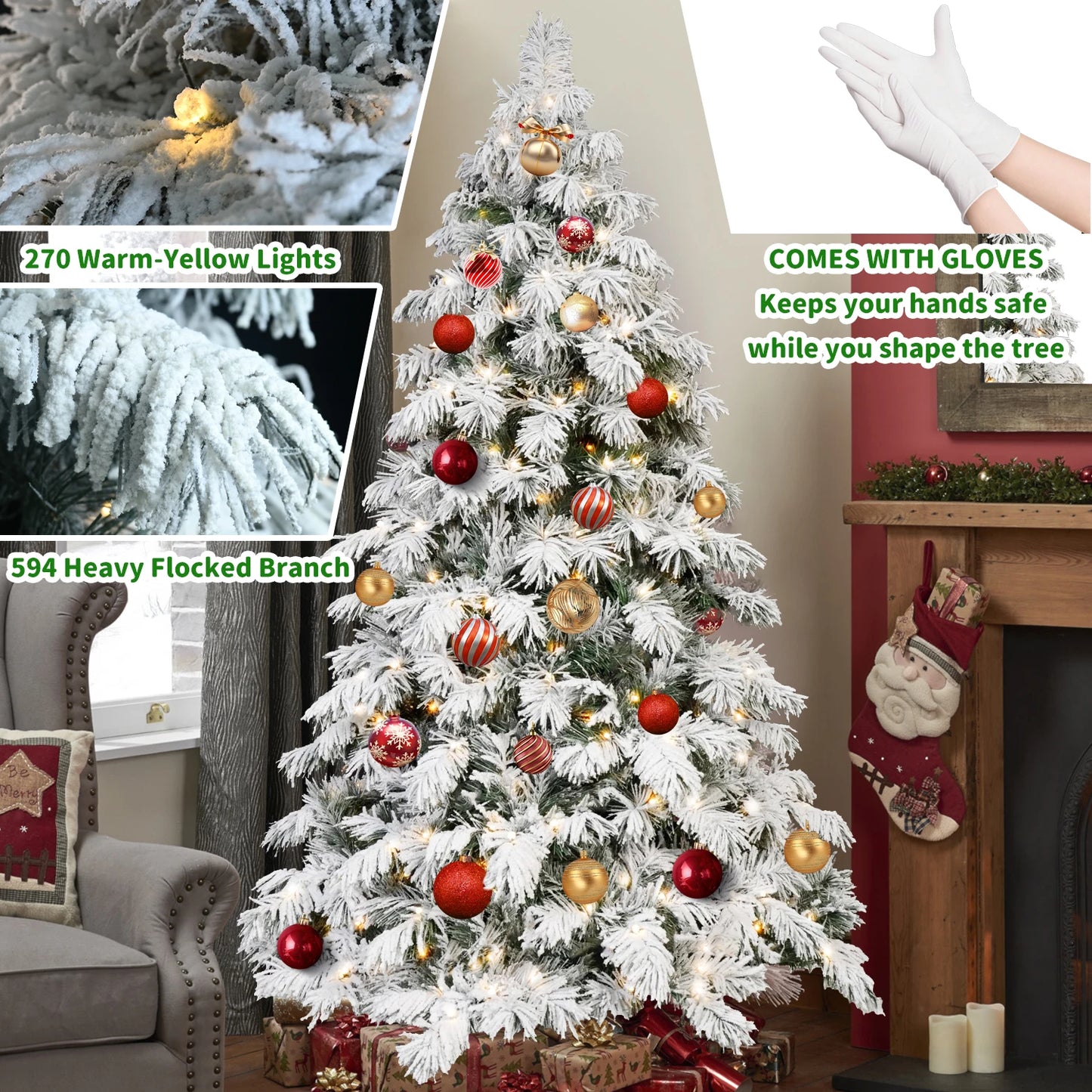 Makeatree Artificial Christmas Tree PVC Snow Flocked Fake Christmas Tree With Lights