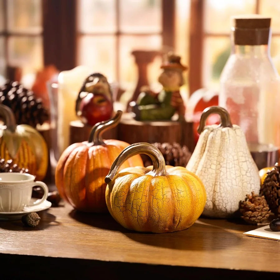 3pcs Resin Cracked Pumpkin Figurine Set for Fall Decoration 6.7 inch Autumn Harvest Thanksgiving Halloween Party Tabletop Cente