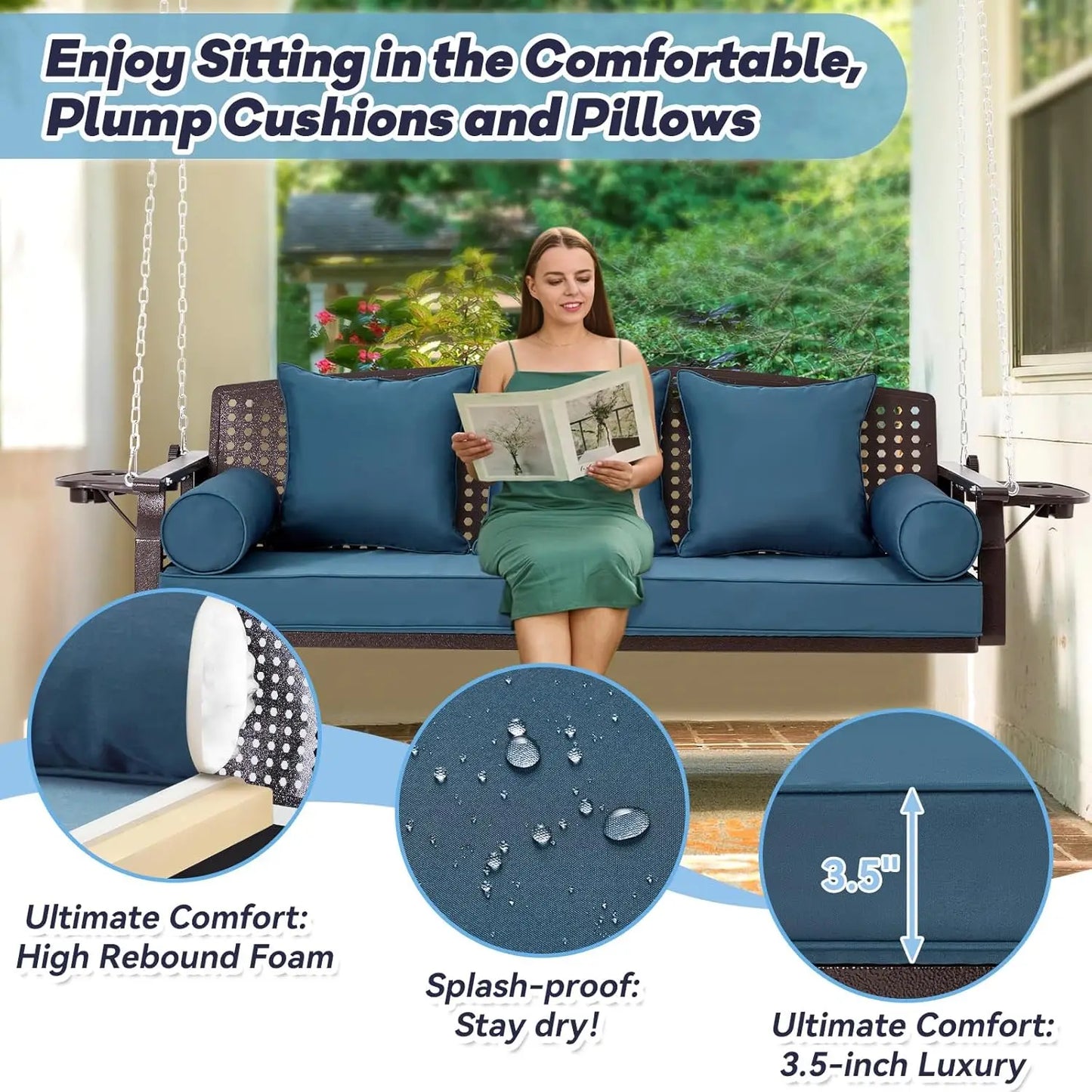 3 Seat Porch Swing, Patio Swing Bench with Cup Holders & 3 Back Cushions, Swing Chair with Chains for Deck Garden Backyard