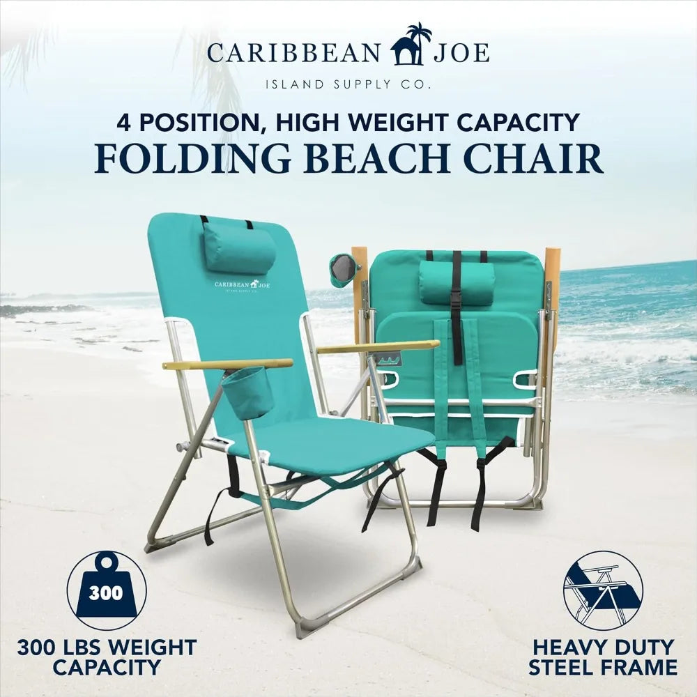 Portable Folding Beach Chair with Adjustable Positions, Backpack Design, Headrest, Cup Holder, and Wooden Arms for Camping and O