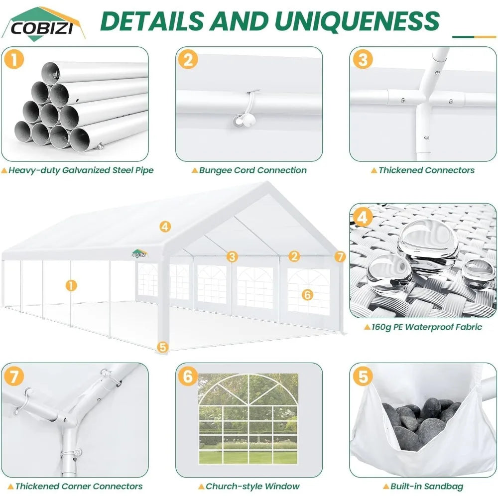 16x32FT Party Tent Heavy Duty Outdoor Gazebo White Event Shelter Wedding Canopy Tent for Parties Carport BBQ Commercial with Re