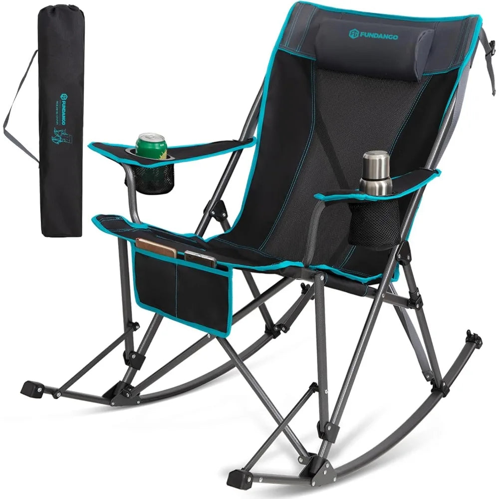 Rocking Camping Chair, High Mesh Back Portable Folding Camp Chairs with Pillows, Cup Holder and Carry Bag for Lawn Patio Garden