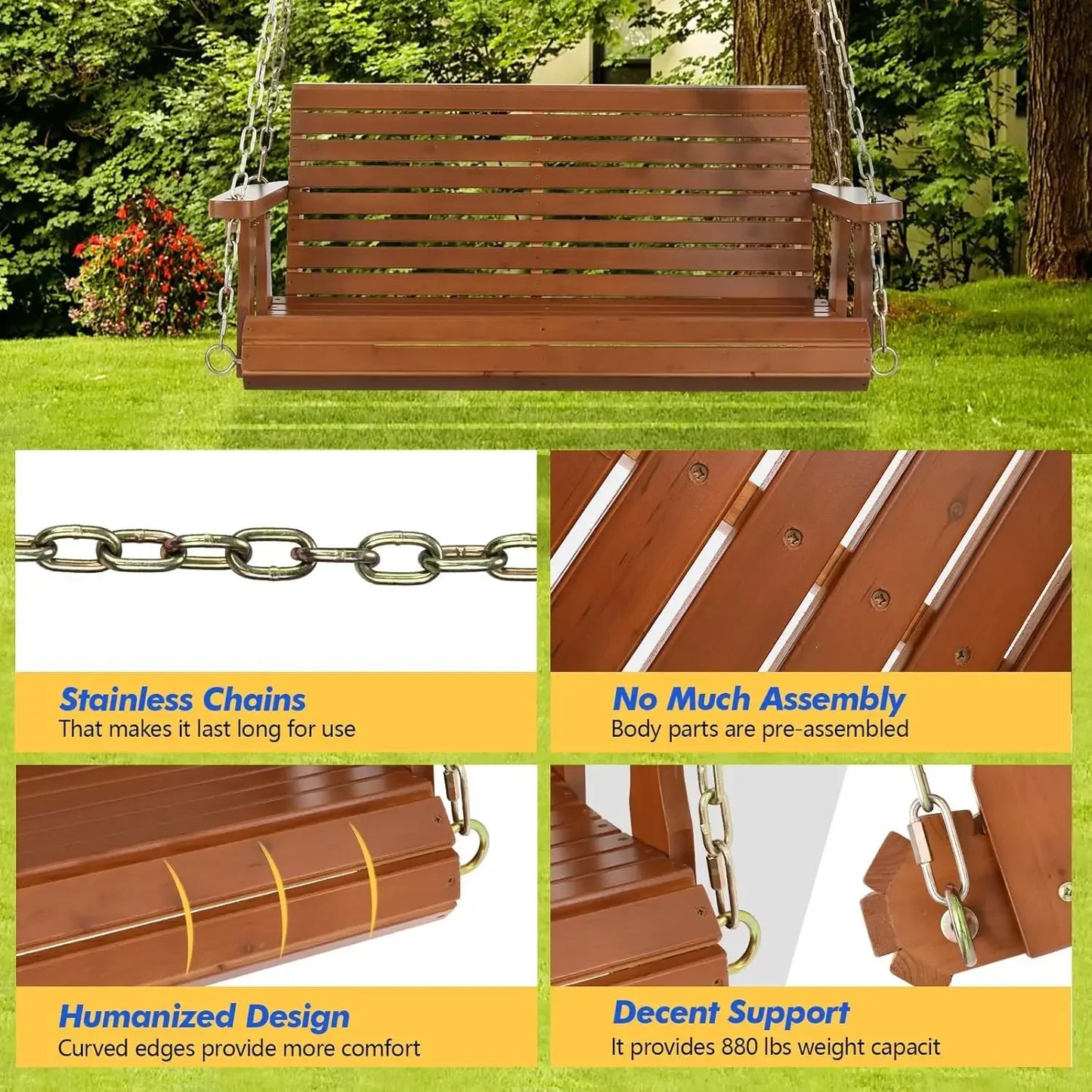 Heavy Duty 880 LBS Swing Chair Bench with Hanging Chains for Outdoors, Upgraded Patio Wooden Porch Swing (Brown, 4 FT)