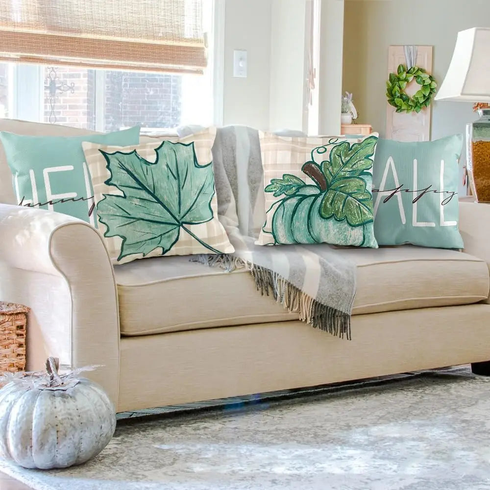 4 Pack Fall Pillow Covers Decoration,18x18in Blue Buffalo Plaid Farmhouse Pumpkin Maple Leaves Thanksgiving Fall Throw Pillows C