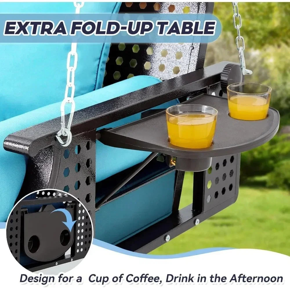 3 Seater Porch Swing, Patio Swing Bench with Cup Holder and 3 Back Cushions, Swing Chair with Chain