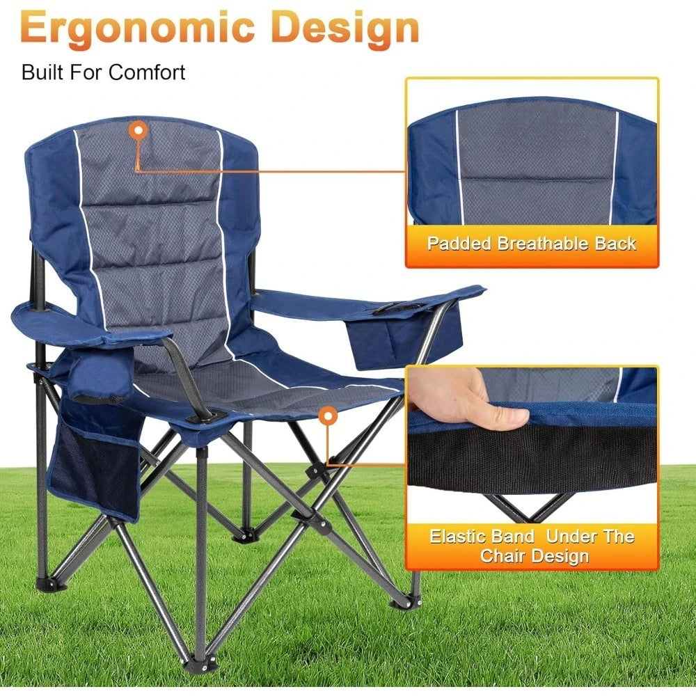 Oversized Camping Chairs,Heavy Duty Support 500 LBS,Padded Back & Arm Sport Chairs, Cup Holder Cooler Bag