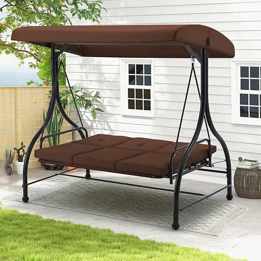 U-MAX Porch Swing Chair with Adjustable Backrest&Canopy, 3 Seat Patio Swing with Canopy 2-in-1 Convertible Outdoor Swing with Ca
