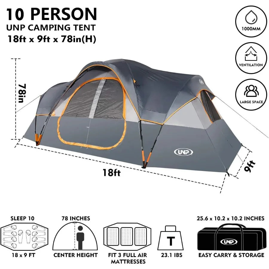 Camping Tent 10PersonFamily Tents Parties Music Festival Tent Big Easy Up 5 Large Mesh Windows Double Layer 2 Room Waterproof W