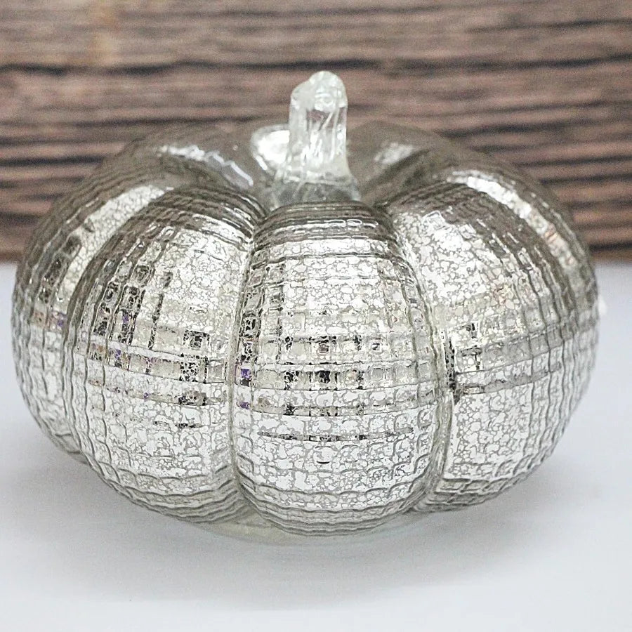 Rustic Halloween and Thanksgiving Decor: Silver GridPatterned Mercury Glass Pumpkin Lights with Timer Battery Operated LED Ligh