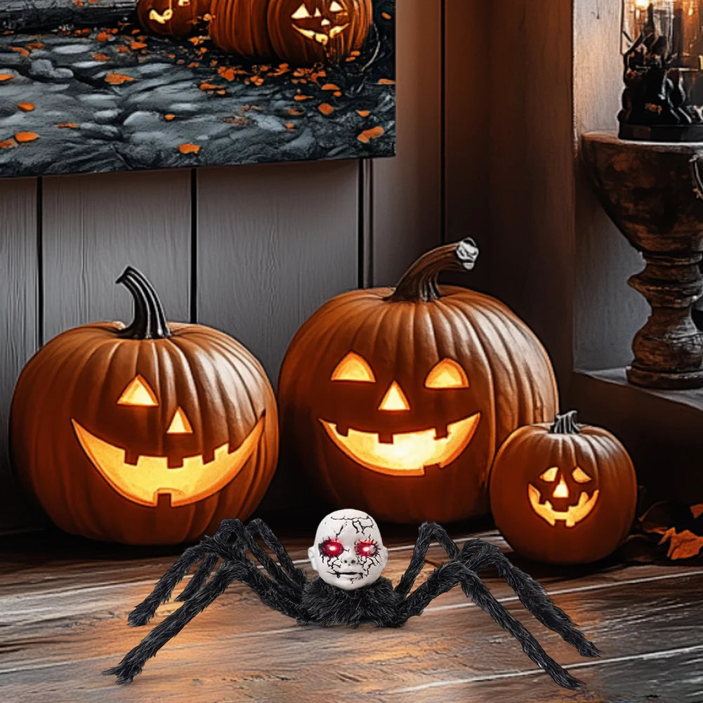 Halloween Doll Face Spider Ornament with Red Eyes Halloween Horror Face Spider for Indoor Outdoor Yard Haunted House Party Porch