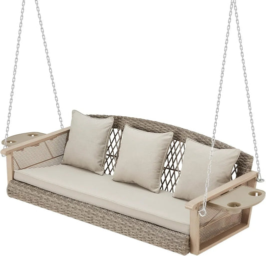3-Person Wicker Porch Swing with Upgraded Cup Holder, 55 Inch Patio Hanging Swing Bench Chair with Cushions 900lbs Capacity