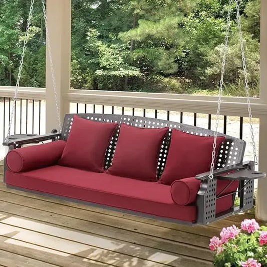 3 Seater Porch Swing, Patio Swing Bench with Cup Holder and 3 Back Cushions, Swing Chair with Chain