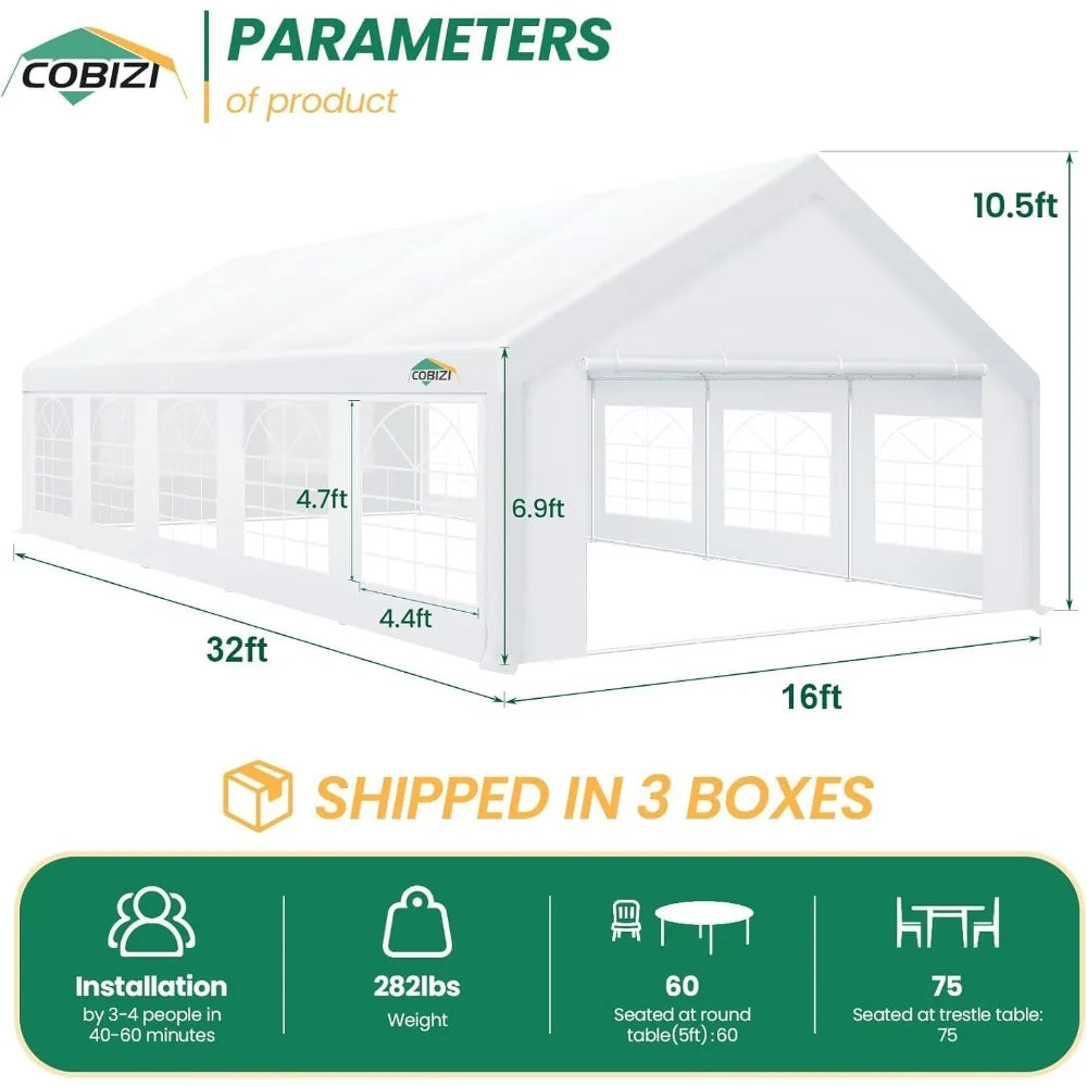 16x32FT Party Tent Heavy Duty Outdoor Gazebo White Event Shelter Wedding Canopy Tent for Parties Carport BBQ Commercial with Re