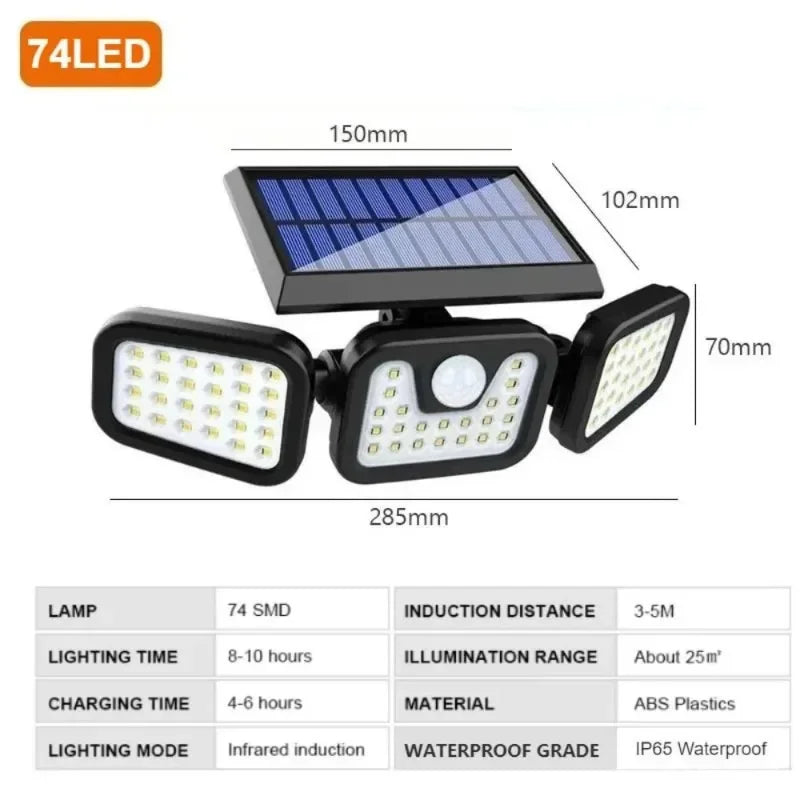 Solar Powered Outdoor Motion Sensor with Adjustable Head for Human Body Sensing Lighting for Garages Porches Streetlights