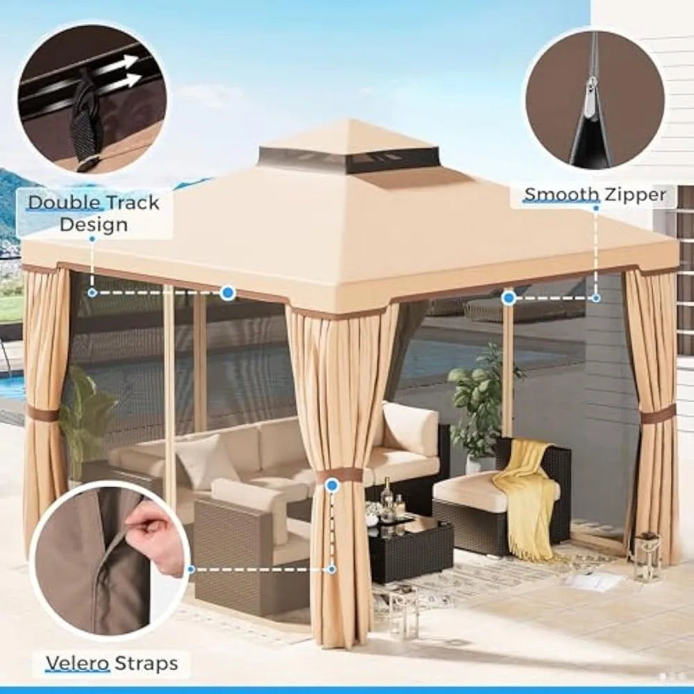 Outdoor 10x10 Garden Gazebo, Steel Vented Double Roof Patios Canopy, Outside Gazebo with Mosquito Netting for Backyard, Lawns,