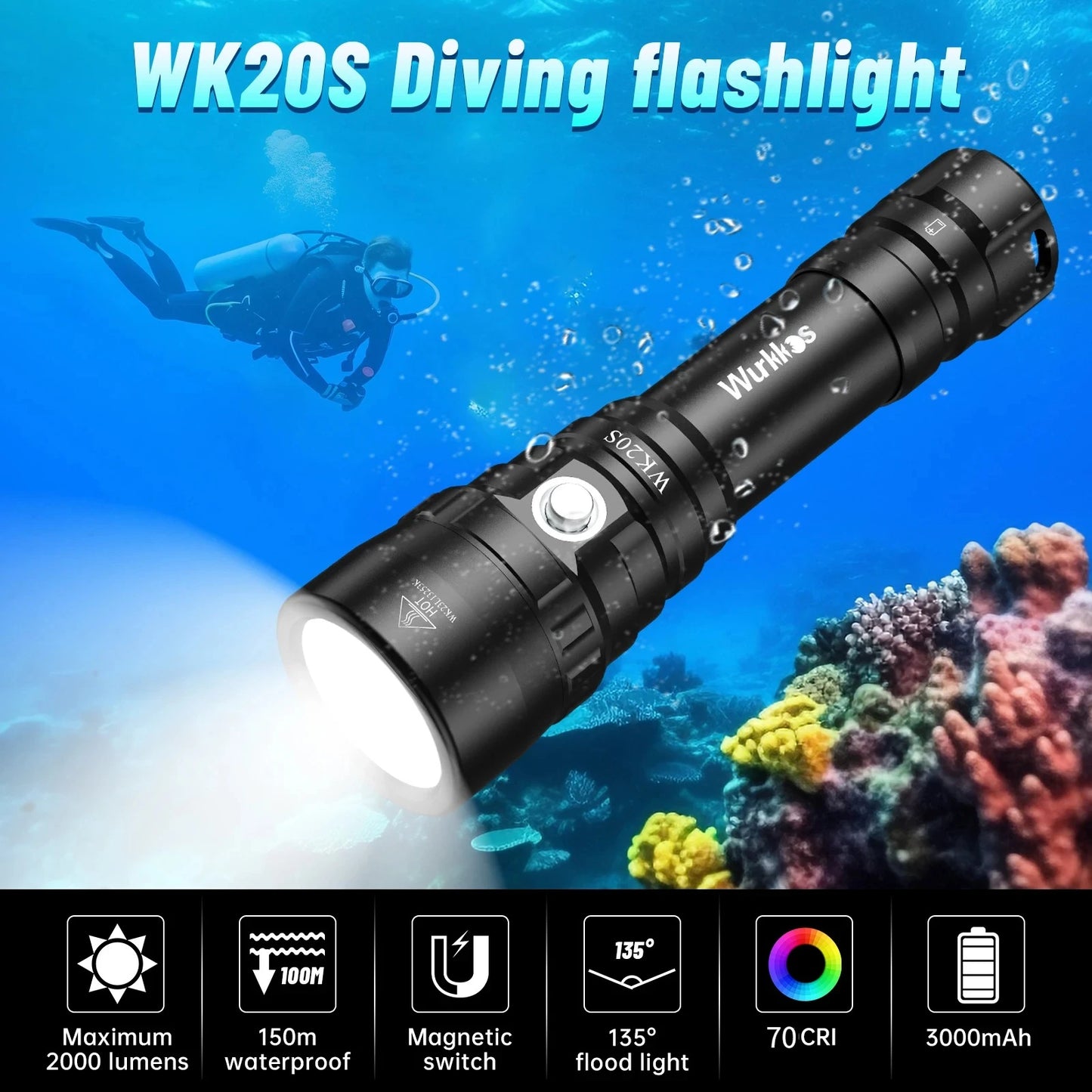 Wurkkos WK20S Professional Diving Flashlight 18650 illuminated lamp 2000LM SST40 LED Camping IPX8 Survival Outdoor Lights